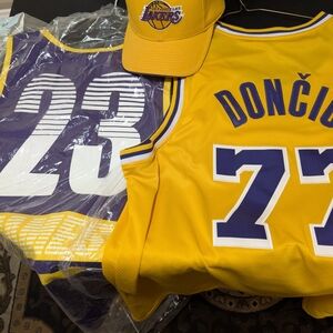 Doncic And James Combo Yellow Lakers Jersey and Cap Set